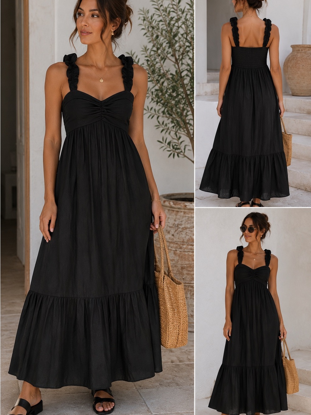NWT GAP Black Tiered Maxi Sundress | Ruched Bodice  | Petite Large